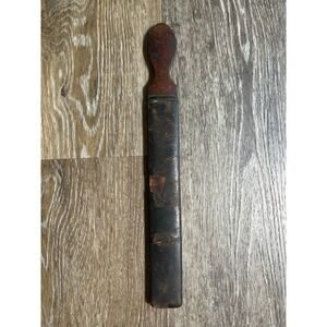 1800's‎ Antique Razor Strop Barber Tool Brown Leather Wood Handle Primitive